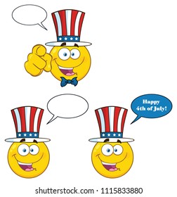 Patriotic Yellow Cartoon Emoji Face Character Set 6. Vector Illustration Isolated On White Background