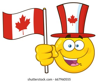 Patriotic Yellow Cartoon Emoji Face Character Wearing A Maple Leaf Top Hat Waving Canadian Flag. Vector Illustration Isolated On White Background