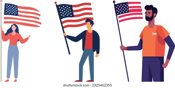 Patriotic young people holding american flag, US flag waving,  happy independence, 4th july