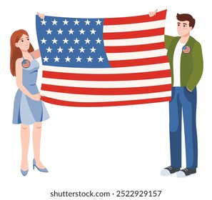 Jóvenes patriotas con la bandera estadounidense. Concepto de elección en Estados Unidos. Feliz independencia, 4 de julio, campaña electoral. Personajes de dibujos animados aislados sobre fondo blanco. Ilustración vectorial.