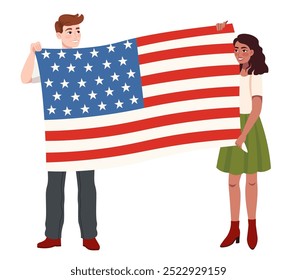 Jóvenes patriotas con la bandera estadounidense. Concepto de elección en Estados Unidos. Feliz independencia, 4 de julio, campaña electoral. Personajes de dibujos animados aislados sobre fondo blanco. Ilustración vectorial.