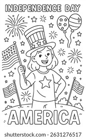 Patriotic-themed coloring page featuring a cheerful child with flags, stars, and fireworks. Festive scene designed for celebrating national holidays.