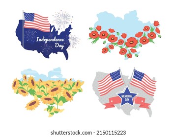 Patriotism 2D vector isolated illustrations set. Nations flat objects on cartoon background. Holiday colourful scenes for mobile, website, presentation pack. Pacifico Regular, Bebas Neue fonts used