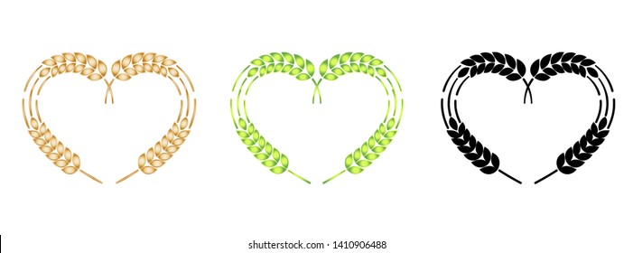 patriotism catholic Independence day love ukraine symbol natiral organic agriculture . gold wheat in heart form set. vector illustration