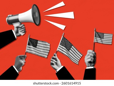 patriotism concept collage set with hands holding small American United States of America USA flags megaphone retro vintage halftone grunge dotted elements communication activism poster design