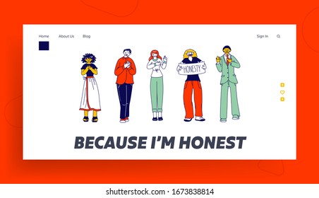 Patriotism, Devotion Gesture, Promise Landing Page Template. Group of Diverse Multiracial People Stand in Row Show Honesty Banner. Characters Gesturing Put Hand on Heart. Linear Vector Illustration