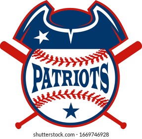 patriots baseball team design with ball and crossed bats for school, college or league