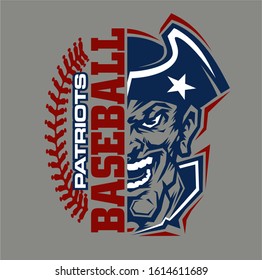 patriots baseball team design with stitches and half mascot for school, college or league