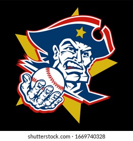 patriots baseball team mascot player holding ball for school, college or league