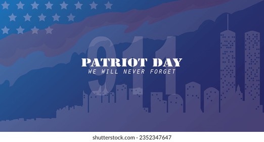 patriots day 911, Remembrance Day in USA. United States of America flag patterned blue background with stars sprinkled frame and wtc tower silhouette