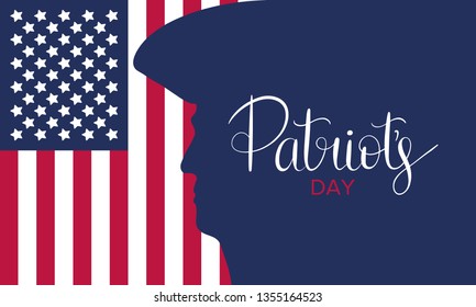 Patriot's Day. Poster with handwritten lettering. In the United States, annually held on the third Monday of April. Public holiday. Banner, greeting card and background. Vector illustration