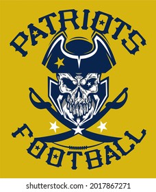 patriots football skull mascot design with crossed swords for school, college or league