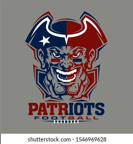 patriots football team design with mascot face for school, college or league