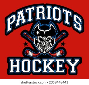 patriots hockey team design with mascot and crossed sticks for school, college or league sports