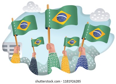 Patriots rising up brazil national flags. Crowd of people holding in their hands brazilian flags. Vector cartoon illustration in modern concept