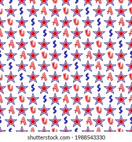 Patriotuc seamless pattern with stars red, blue, white colors of American flags and letters USA. Independence day concept. Vector background. Wrapping paper, wallpaper, fabric textile, digital paper.