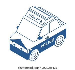 Patrol car. police. Illustration of a very deformed working car isometric technique.