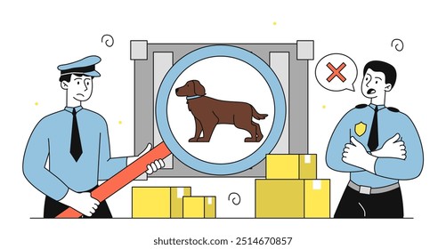 Patrol checkpoint concept. Men in uniform look at cardboard boxes with magnifying glass. Guards with dog scan parcels. Border service workers. Linear vector illustration isolated on white background