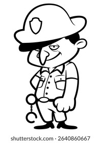 Patrol Officer cartoon character carrying a handcuffs and patrolling at the city streets. Best for coloring book, logo, and outline with Law Enforcement themes