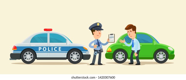 Un policía de patrulla uniformado escribe una multa. Un policía serio hablando con un conductor triste.Ilustración vectorial, estilo dibujo plano. Fondo aislado. Vista lateral.