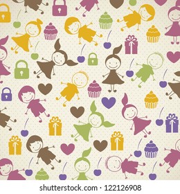 patron of children, child background with colored hearts and cupcakes, vector illustration