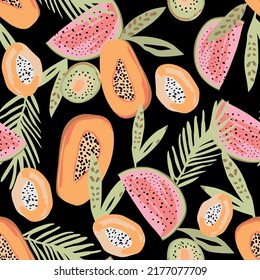 Patron Frutal y tropischen Fondo Neger, miniprint. Papaya, Kiwi und Sand. Ilustración vectorial