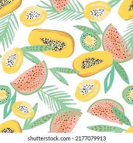 Patron Frutal y tropische, miniprint. Papaya, Kiwi und Sand. Ilustración vectorial