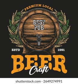 Patrons gather around a rustic wooden barrel at a local pub. The atmosphere is lively as people share craft beer and good company celebrating friendships and community.