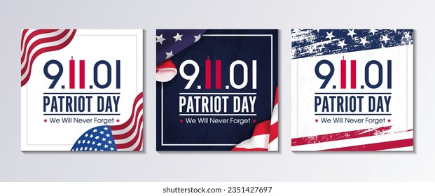  Patrot day. National Day of Prayer and Remembrance for the Victims of the Terrorist Attacks on 09.11.2001. Set of square vector banner design