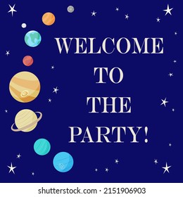 Patry Invitation Card with Planets of the Solar System in the Starry Sky.