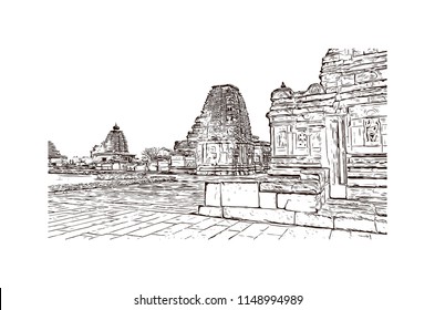 Pattadakal, also called Raktapura, is a complex of 7th and 8th century CE Hindu and Jain temples in northern Karnataka, India. Hand drawn sketch illustration in vector.