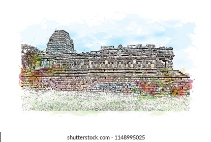 Pattadakal, also called Raktapura, is a complex of 7th and 8th century CE Hindu and Jain temples in northern Karnataka, India. Watercolor splash with Hand drawn sketch illustration in vector.