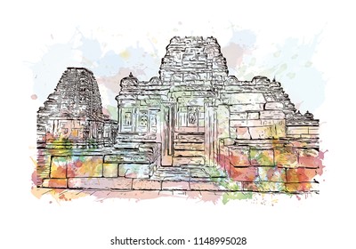 Pattadakal, also called Raktapura, is a complex of 7th and 8th century CE Hindu and Jain temples in northern Karnataka, India. Watercolor splash with Hand drawn sketch illustration in vector.