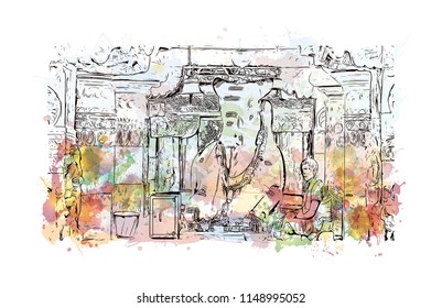 Pattadakal, also called Raktapura, is a complex of 7th and 8th century CE Hindu and Jain temples in northern Karnataka, India. Watercolor splash with Hand drawn sketch illustration in vector.