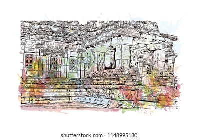 Pattadakal, also called Raktapura, is a complex of 7th and 8th century CE Hindu and Jain temples in northern Karnataka, India. Watercolor splash with Hand drawn sketch illustration in vector.