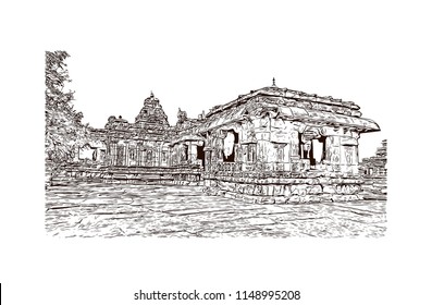 Pattadakal, also called Raktapura, is a complex of 7th and 8th century CE Hindu and Jain temples in northern Karnataka, India. Hand drawn sketch illustration in vector.
