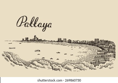 Pattaya Beach skyline,Thailand, engraved vector illustration, hand drawn, sketch
