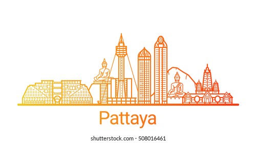 Pattaya city colored gradient line. All Pattaya buildings - customizable objects with opacity mask, so you can simple change composition and background fill. Line art.