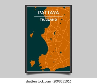 Pattaya city. Map of largest city in the world vector for wall decoration, banner, background, texture. Modern deep blue and orange color. Vector graphic eps 10