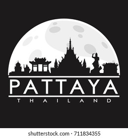 Pattaya Full Moon Night Skyline Silhouette Design City Vector Art Background Illustration.