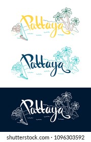 Pattaya set of lettering with linear illustration of boats. Isolated vector illustration is perfect for t shirts, cups, cards, posters. 