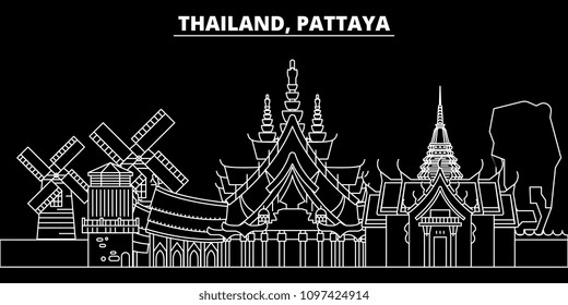 Pattaya silhouette skyline. Thailand - Pattaya vector city, thai linear architecture, buildings. Pattaya line travel illustration, landmarks. Thailand flat icon, thai outline design banner
