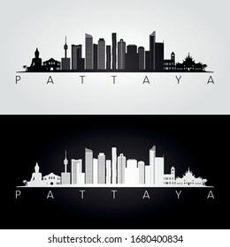 Pattaya skyline and landmarks silhouette, black and white design, vector illustration.  