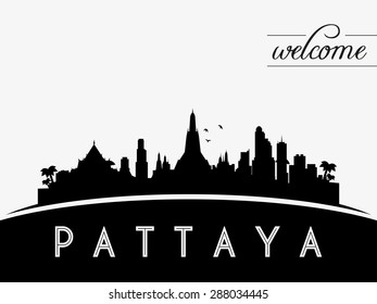 Pattaya skyline silhouette black vector design on white background.