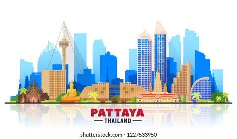 Pattaya ( Thailand ) skyline with panorama in white background. Vector Illustration. Business travel and tourism concept with modern buildings.