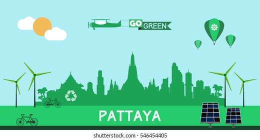 Pattaya Thailand skyline silhouette flat design vector, green city concept
