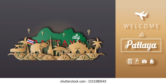 Pattaya Thailand Travel postcard panorama, poster, tour advertising of world famous landmarks of Thailand in paper cut style. Vector illustration.