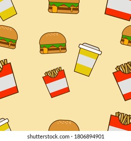 patter design with pictures of burgers and drinks and potatoes