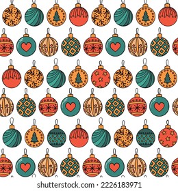 Patter of hand drawn Christmas ball toy. Doodle illustration of Christmas ornaments. New Year festive decoration. Simple vector drawing for wallpapers and  baby textile, package, poster. 