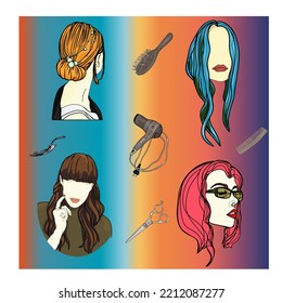 Patter of people's faces, hairstyles. coloured pattern. Set of faces, avatars, heads of people of different hairstyles and ages in a flat style. Flat avatars colourful vector icons. People char